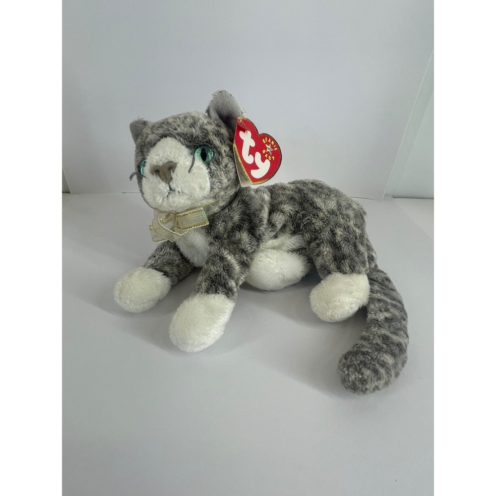 Ty Beanie Baby Purr the Cat Grey White Tabby Plush Green Eyes vintage